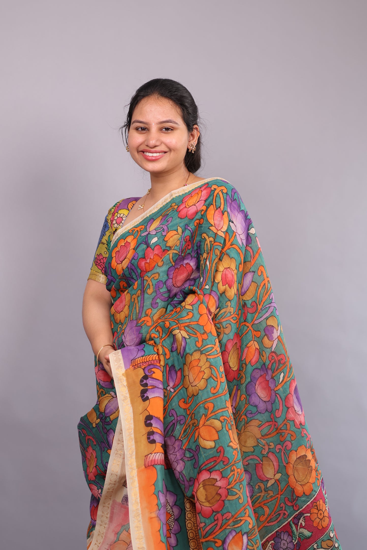 Sea Green Hand Painted Pen Kalamkari Bangalore Silk Saree with Sungdi Borders
