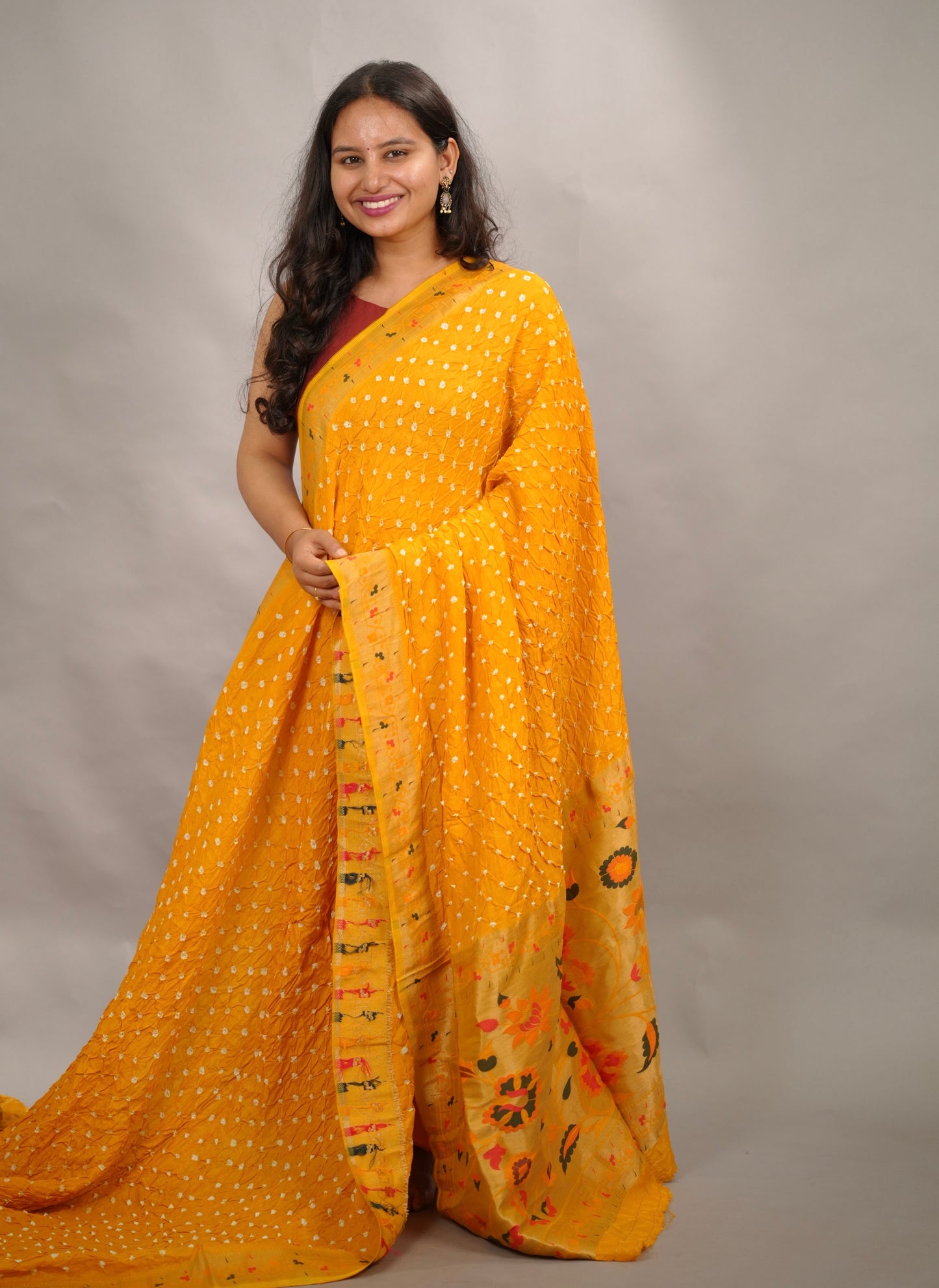 Yellow Handcrafted Bandhani Paithani Dola Silk Saree | Looms & Tassels