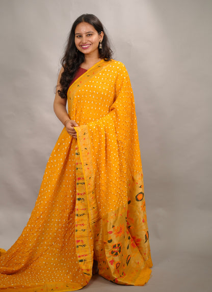 Yellow Handcrafted Bandhani Paithani Dola Silk Saree | Looms & Tassels
