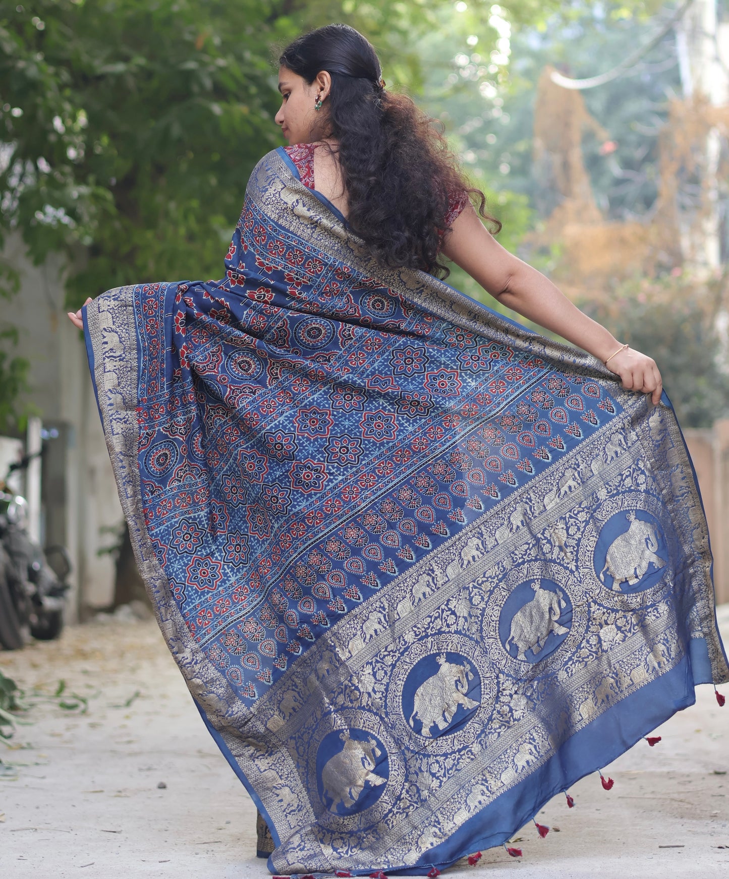 Indigo Lotus Butta Ajrakh Handblock Printed Dola Silk Saree