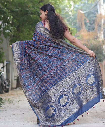 Indigo Lotus Butta Ajrakh Handblock Printed Dola Silk Saree