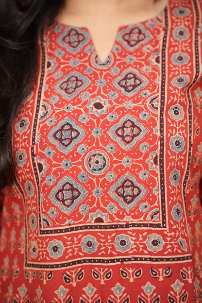 Red Ajrakh Pattern Hand Block printed Kurti | Looms & Tassels