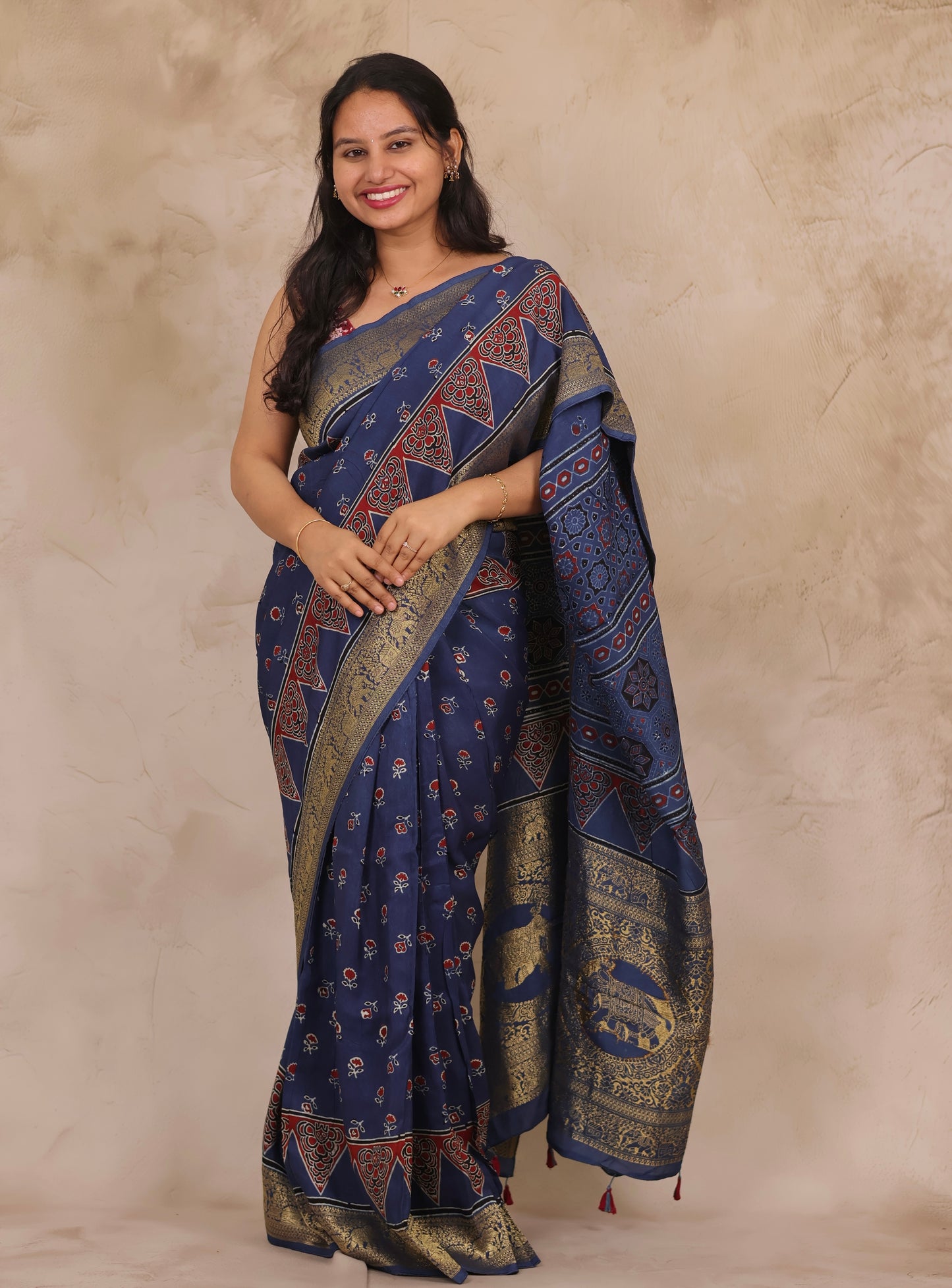 Indigo Floral Ajrakh Handblock printed Dola Silk Saree | Looms & Tassels