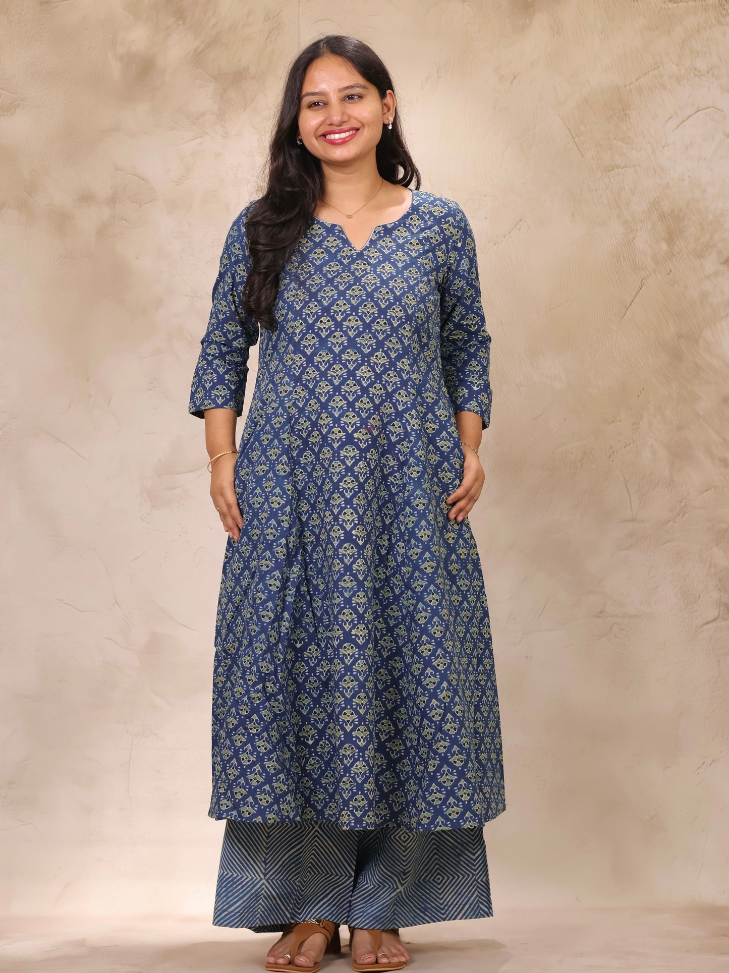 Indigo Ajrakh Handblock Printed Kali Kurti Co-ord Set (Pure Cotton ) | Looms & Tassels