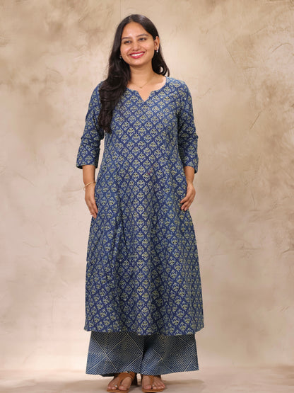 Indigo Ajrakh Handblock Printed Kali Kurti Co-ord Set (Pure Cotton ) | Looms & Tassels