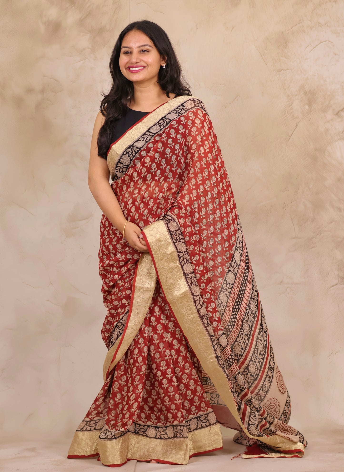 Maroon Chiffon Hand Block Printed Saree with Jari Border | Looms & Tassels