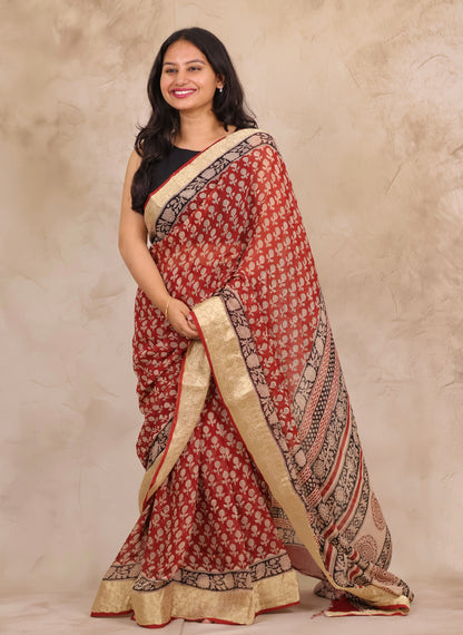 Maroon Chiffon Hand Block Printed Saree with Jari Border | Looms & Tassels
