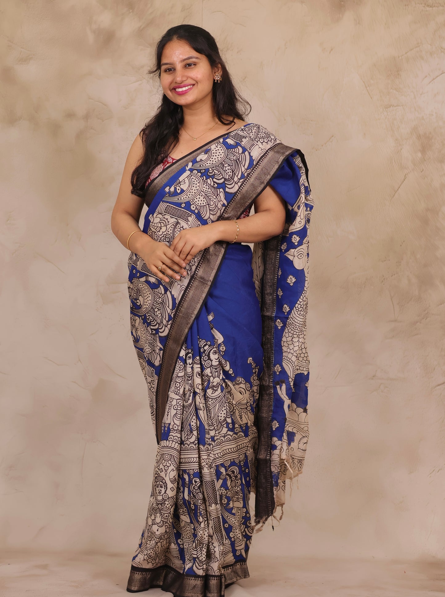 Ink Blue Story Telling Kalamkari Nizam Border Chennur Silk Saree | Looms & Tassels