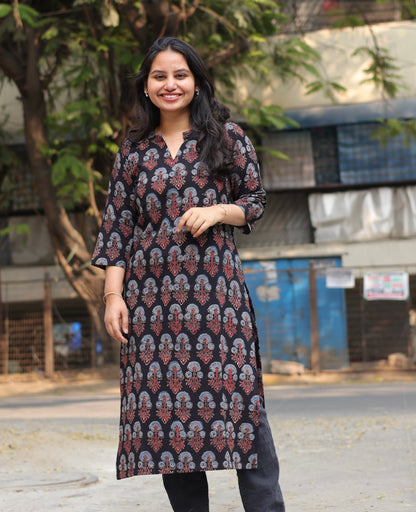 Collar Neck Ajrakh Hand Block Printed Kurti | Looms & Tassels