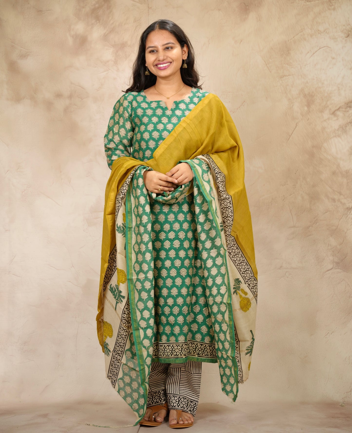 Green Handblock printed Pure Chenderi Silk 3 piece suit (stitched) | Looms & Tassels