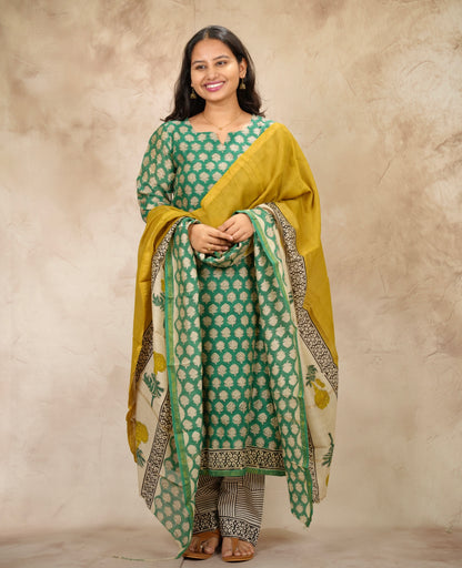 Green Handblock printed Pure Chenderi Silk 3 piece suit (stitched) | Looms & Tassels