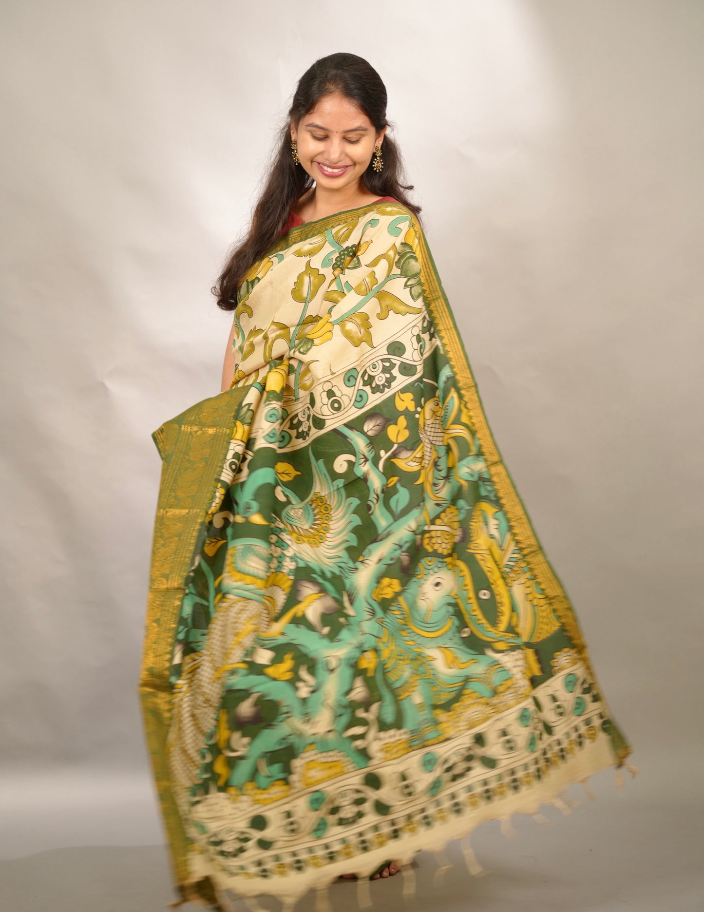 Green Kanchi border Kalamkari chennur silk saree