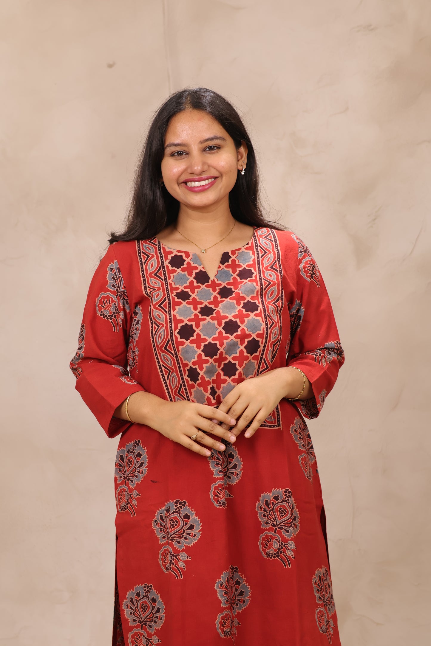 Red Ajrakh Pattern Hand Block Cotton printed Kurti | Looms & Tassels