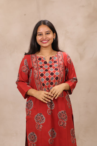 Red Ajrakh Pattern Hand Block Cotton printed Kurti | Looms & Tassels