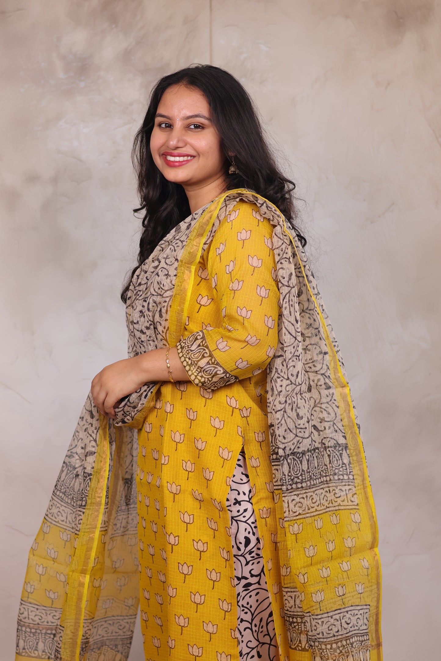 Yellow Handblock printed kota 3 piece suit (stitched)