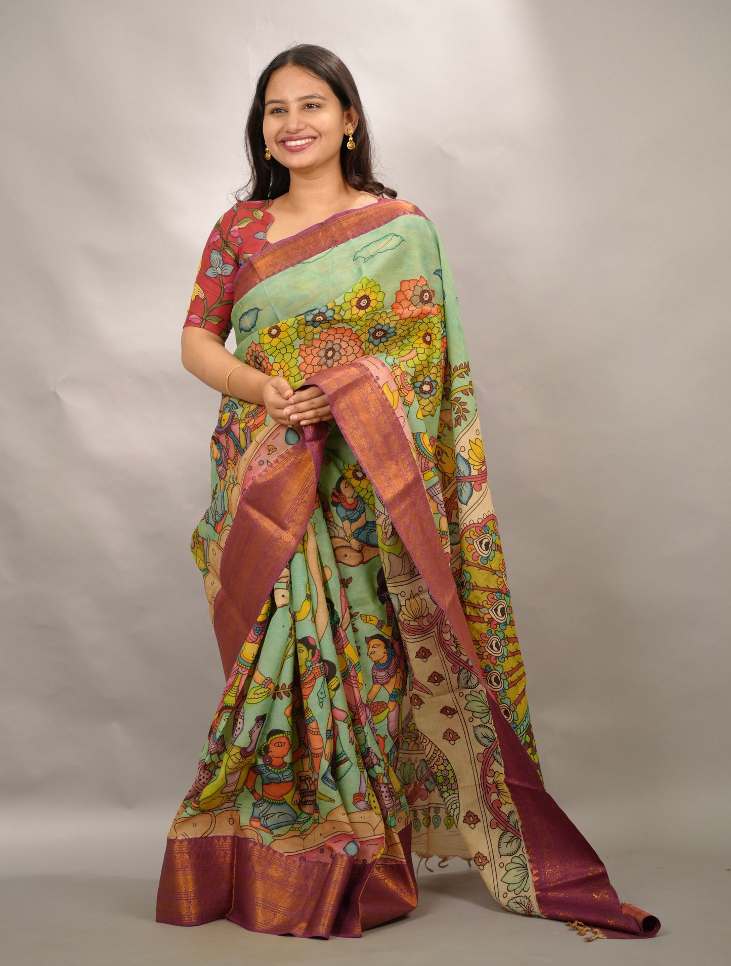 Pista Green Hand Drawn Pen Kalamkari Bangalore Silk Kanchi Border Saree | Looms & Tassels