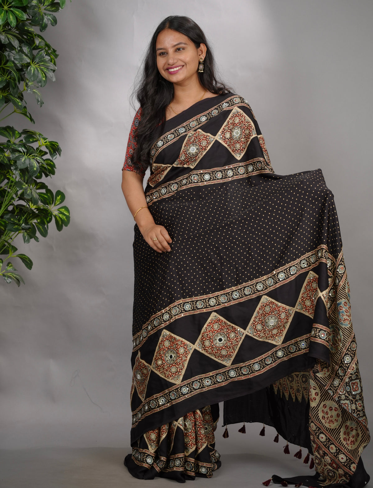 Black Ajrakh Modal Silk Hand Embroidery Saree  | Looms & Tassels