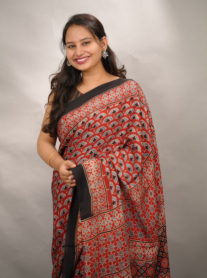 Maroon Authentic Ajrakh Handblock Printed Modal Silk Saree | Looms & Tassels