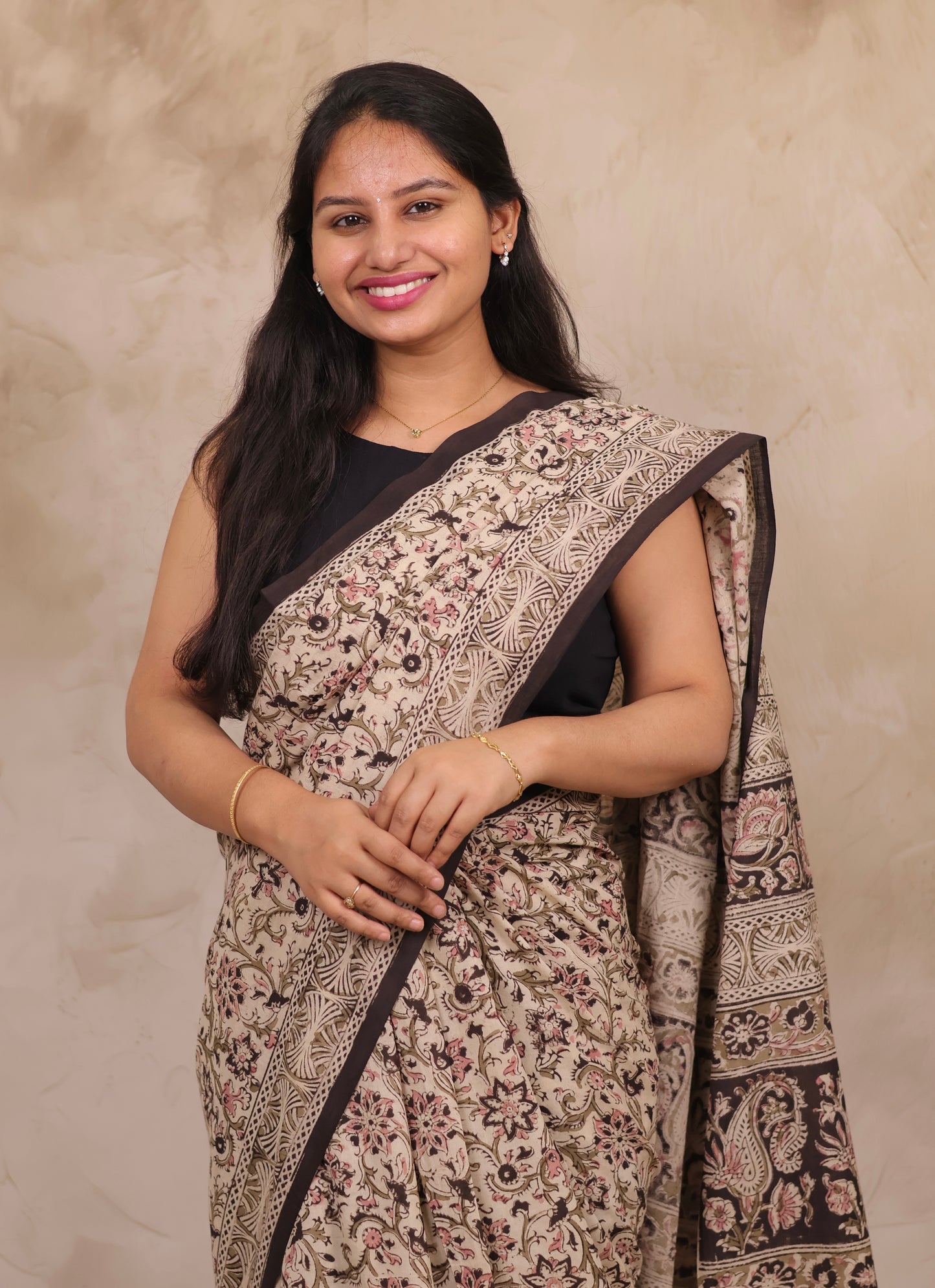 Cream Hand Block Printed Kalamkari Cotton Saree | Looms & Tassels