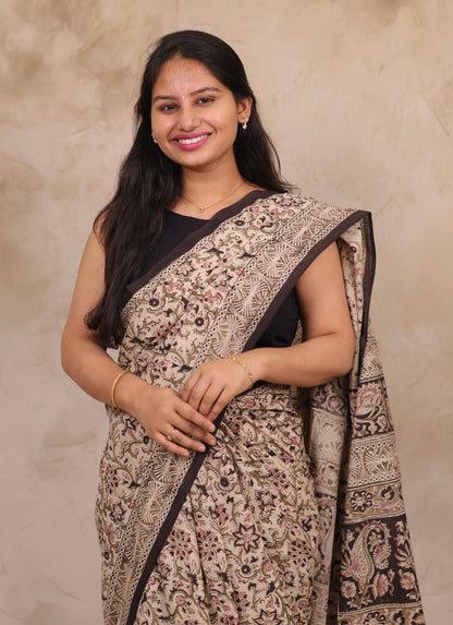 Cream Hand Block Printed Kalamkari Cotton Saree | Looms & Tassels