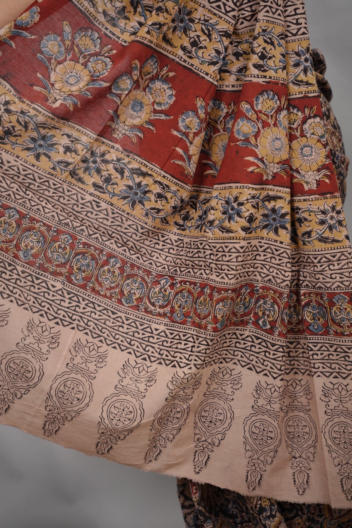 Black Hand Block Printed Kalamkari Cotton Saree | Looms & Tasselse