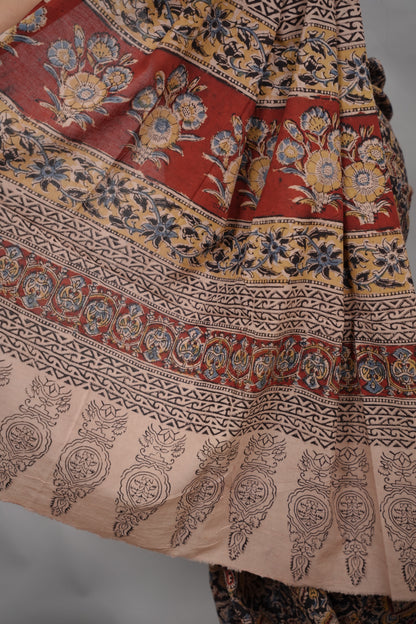 Black Hand Block Printed Kalamkari Cotton Saree | Looms & Tasselse