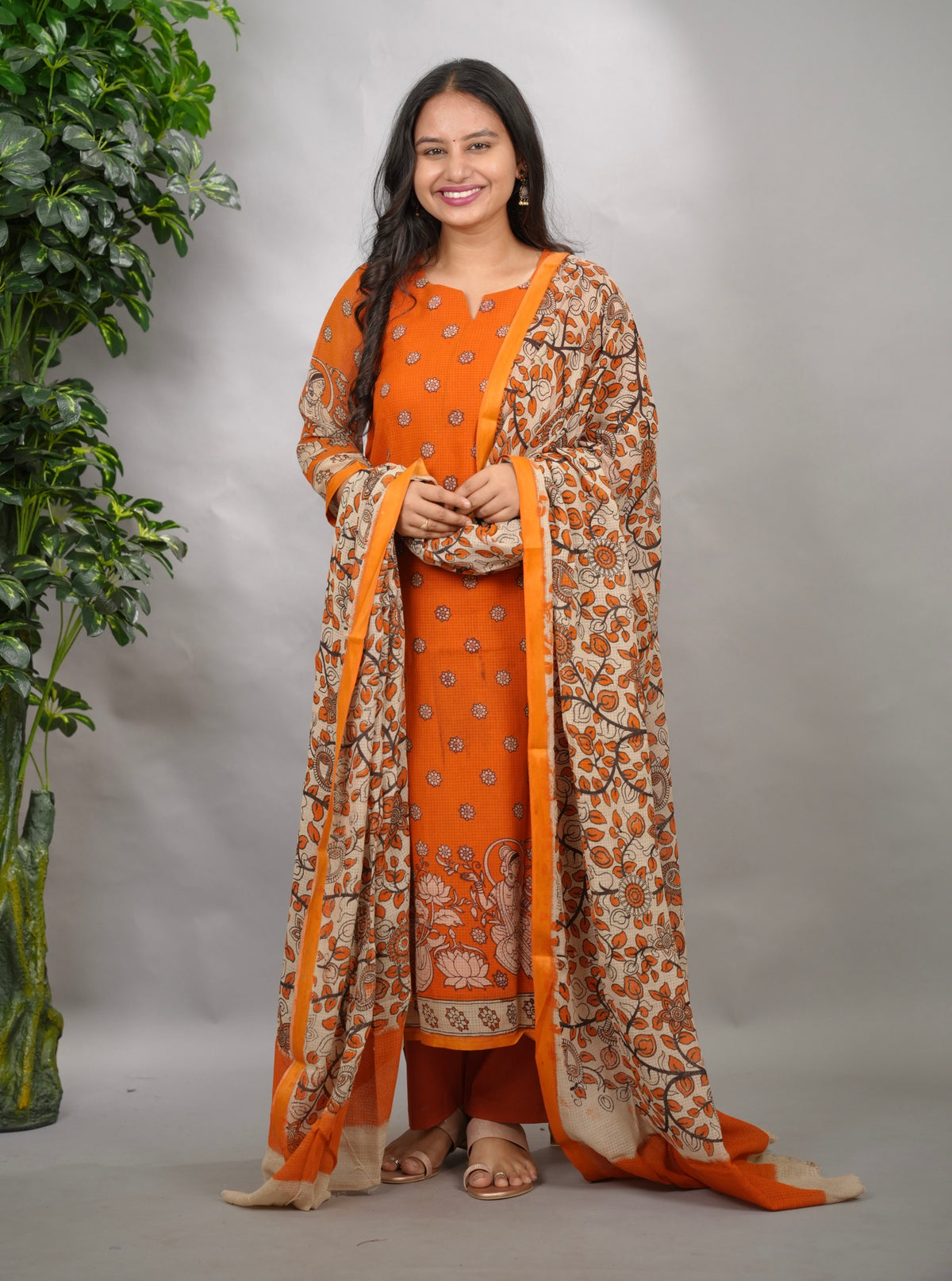 Orange Kalamkari Kota Cotton 3 piece suit (stitched) | Looms & Tassels