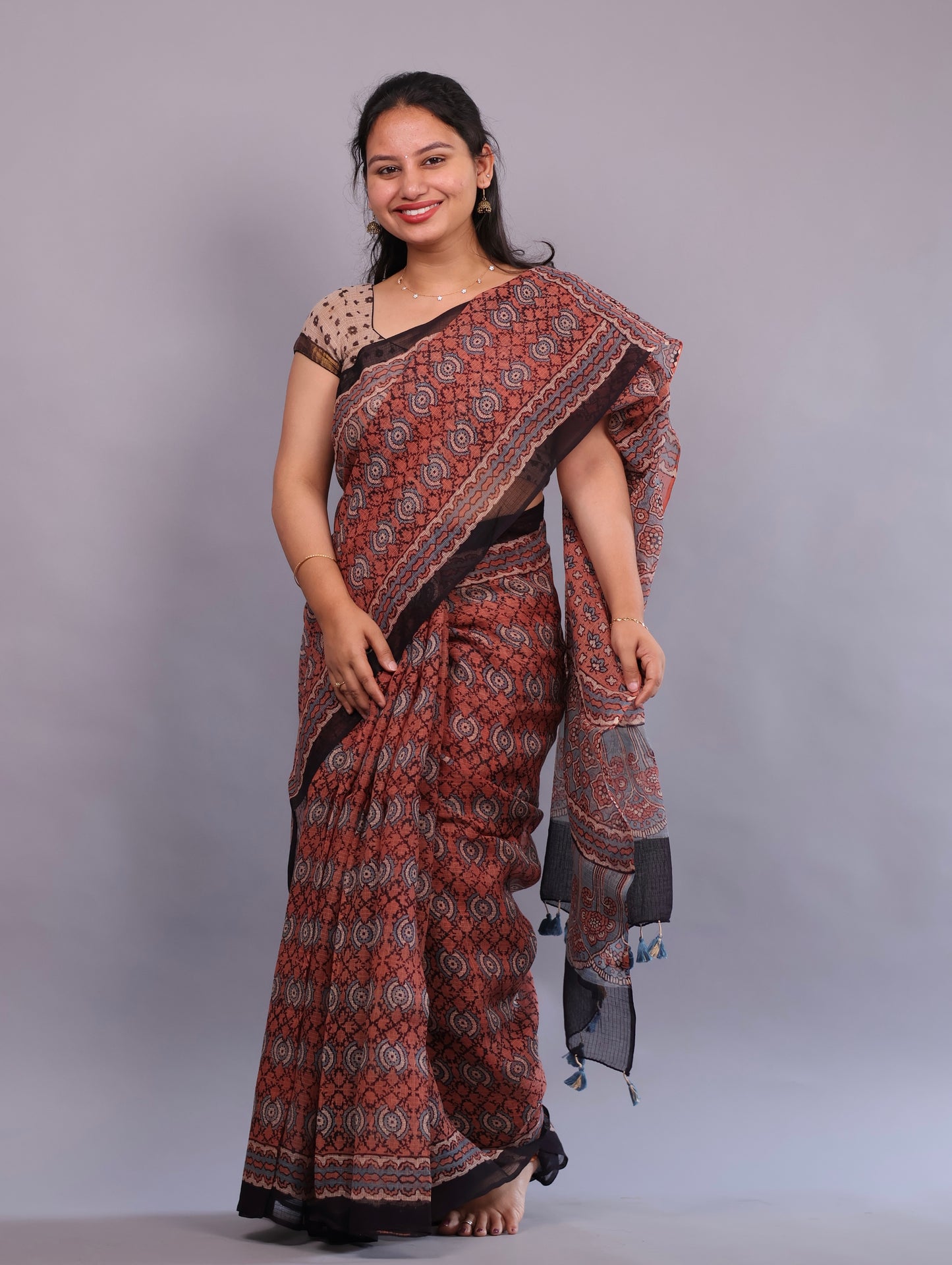 Rust Orange Ajrakh Hand Block Printed Kota Doria Saree | Looms & Tassels