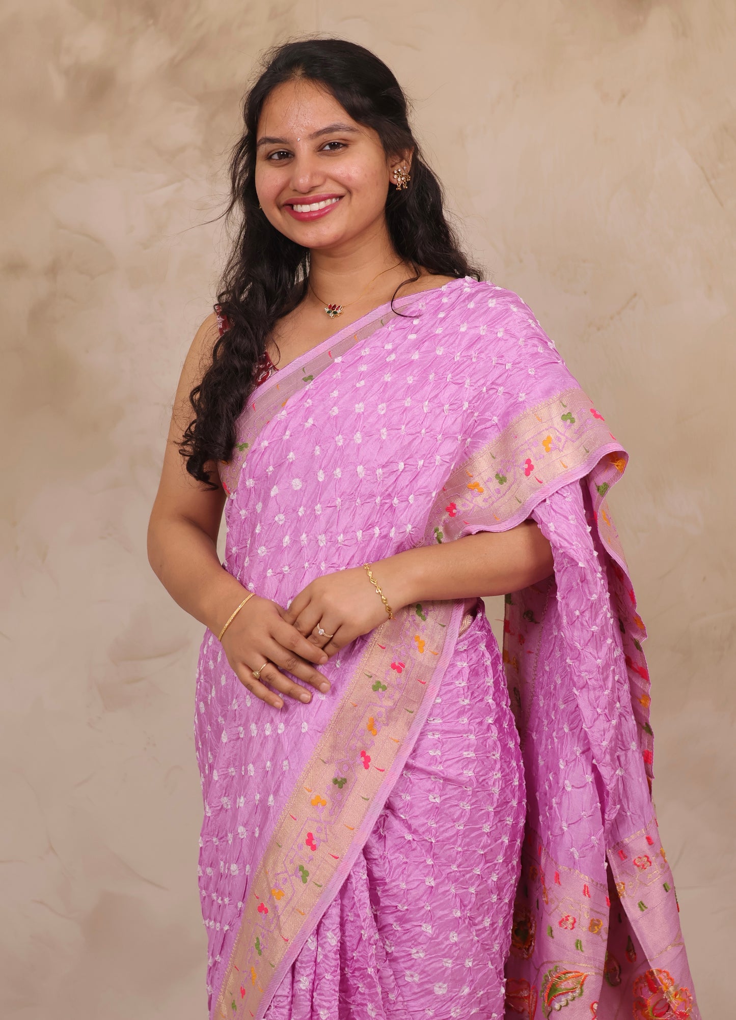 Pastel Lavender Handcrafted Bandhani Paithani Dola Silk Saree | Looms & Tassels