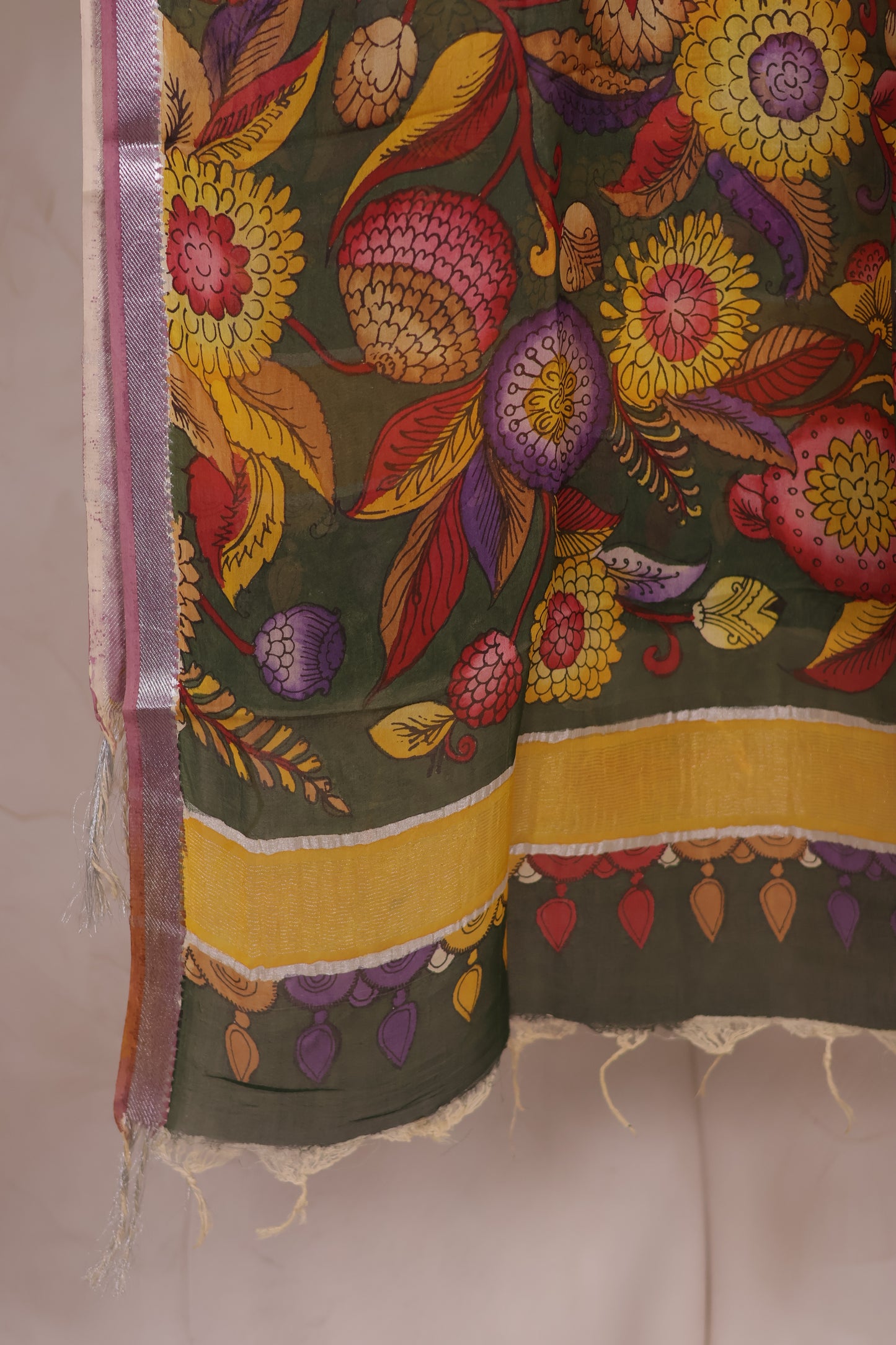 Green Pen Kalamkari Mangalagiri silk Dupatta
