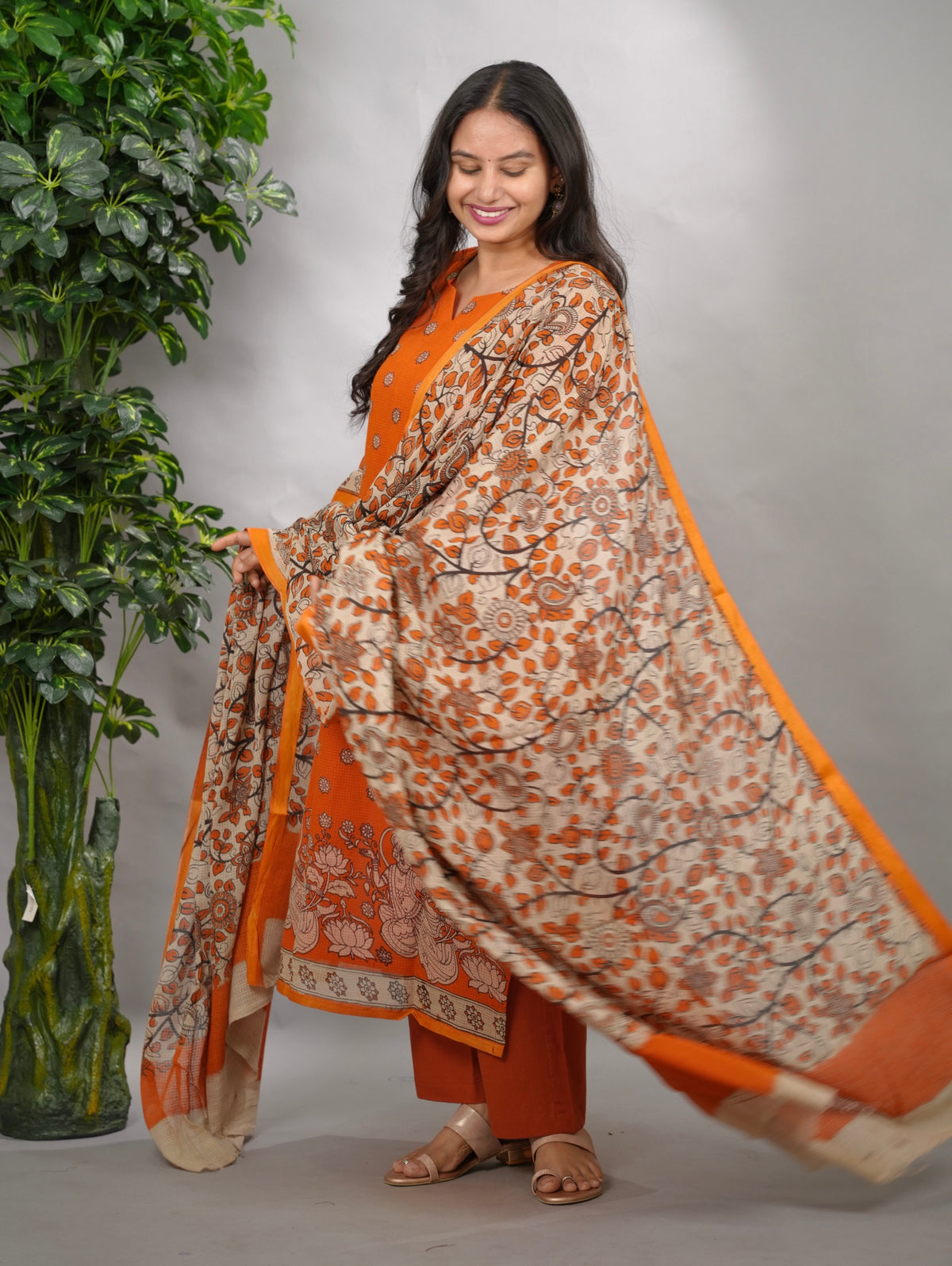Orange Kalamkari Kota Cotton 3 piece suit (stitched) | Looms & Tassels