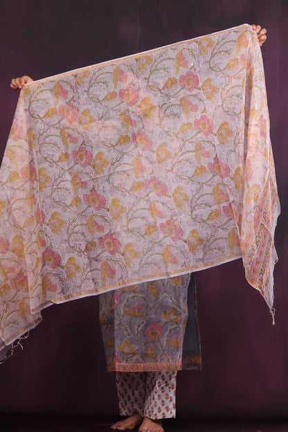Grey Handblock printed kota 3 piece suit with chudi sleeves
