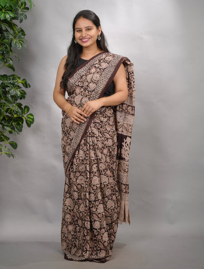 Dark Maroon Hand Block Printed Kalamkari Cotton Saree | Looms & Tassels