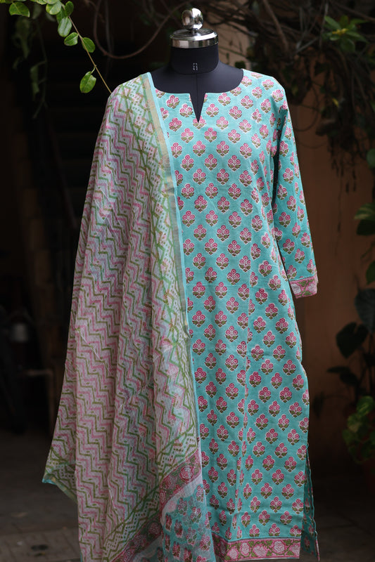 Pastel Handblock printed Pure Mul Cotton with Kota Doria Duppata 3 piece suit (stitched)