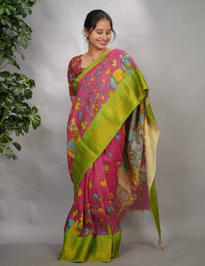 Pink Hand Drawn Pen Kalamkari Bangalore Silk Kanchi Border Saree | Looms & Tassels