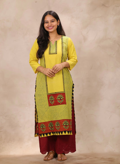 Yellow Pattern Ajrakh Hand Block Cotton printed Kurti | Looms & Tassels