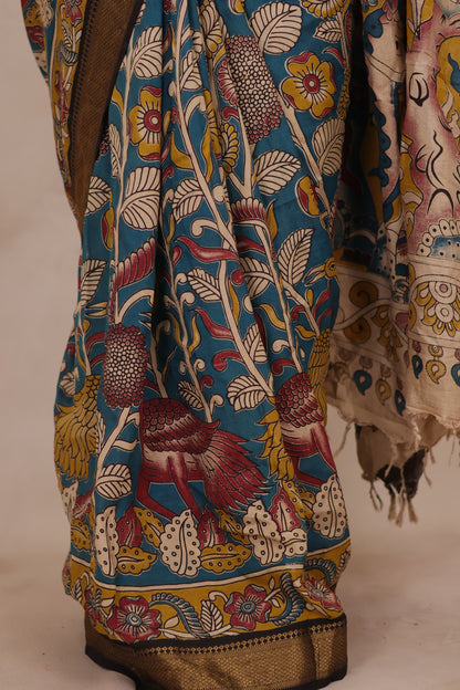 Blue Floral Kalamkari Nizam Border Chennur Silk Saree | Looms & Tassels