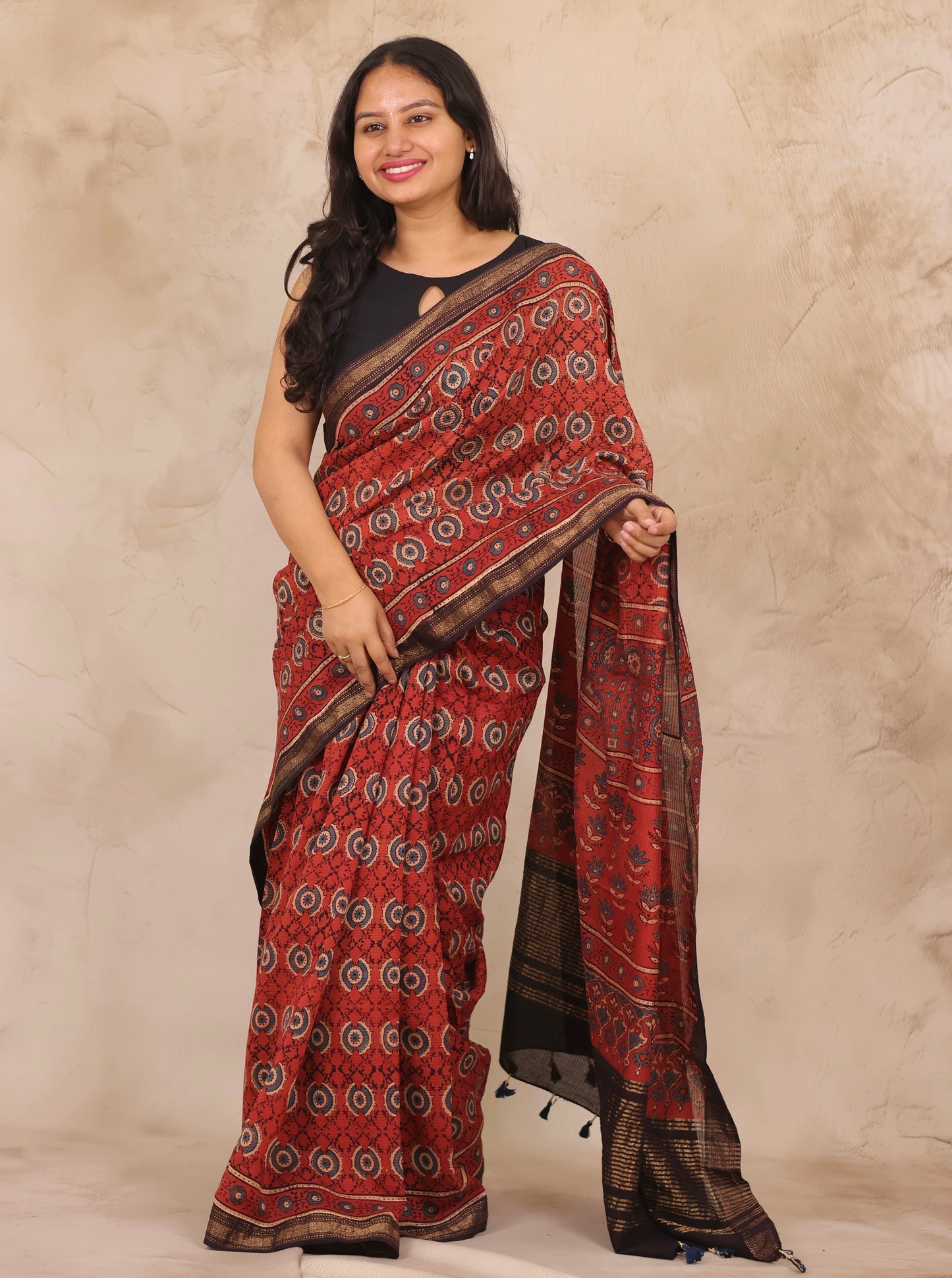 Maheswari Silk Cotton Ajrakh Handblock Printed Saree | Looms & Tassels
