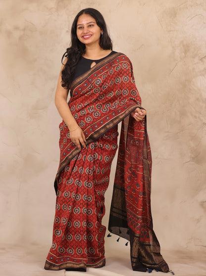 Maheswari Silk Cotton Ajrakh Handblock Printed Saree | Looms & Tassels