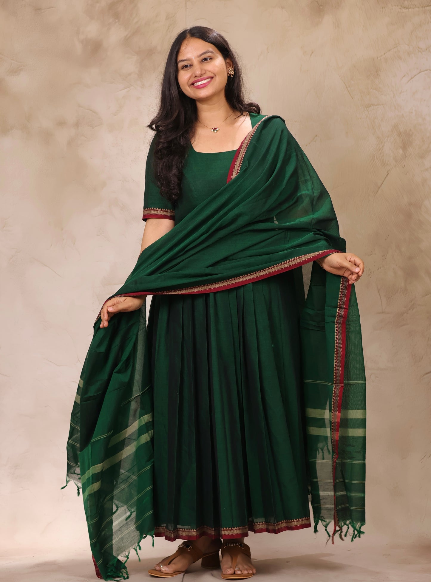 Green Narayanpet Cotton Anarkali Dress with Narayanpet Dupatta | Looms & Tassels