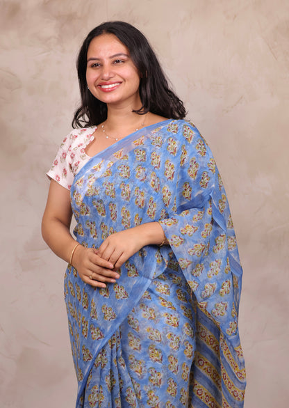 Blue Chiffon Hand Block Printed Saree | Looms & Tassels