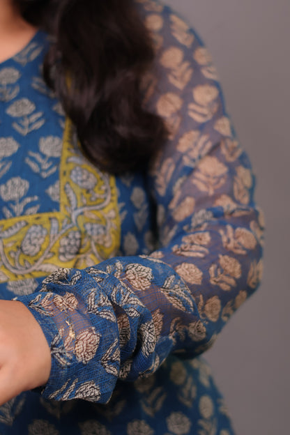 Cyan Blue Handblock printed kota 3 piece suit with chudi sleeves (stitched)