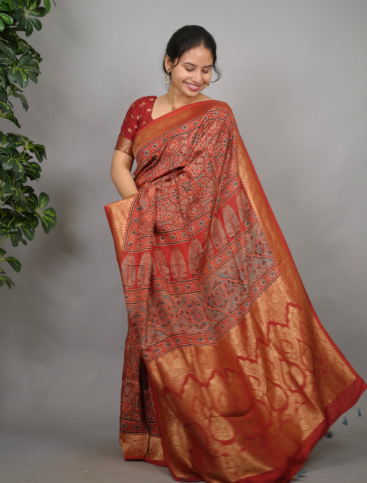 Maroon Ajrakh Handblock printed Dola Silk Saree| Looms & Tassels