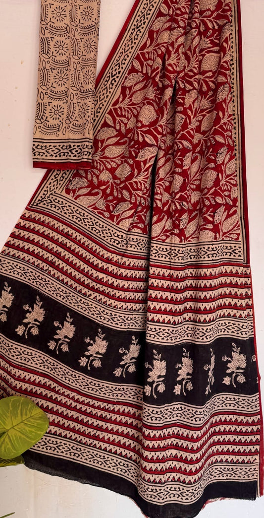 Bagru Handblock printed MulMul cotton saree