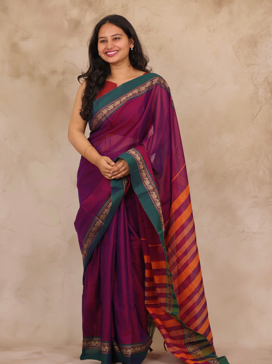 Magenta Narayanpet Cotton Saree with Elephant Border | Looms & Tassels