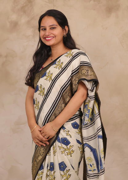 Off White Floral Ajrakh Handblock printed Dola Silk Saree | Looms & Tassels