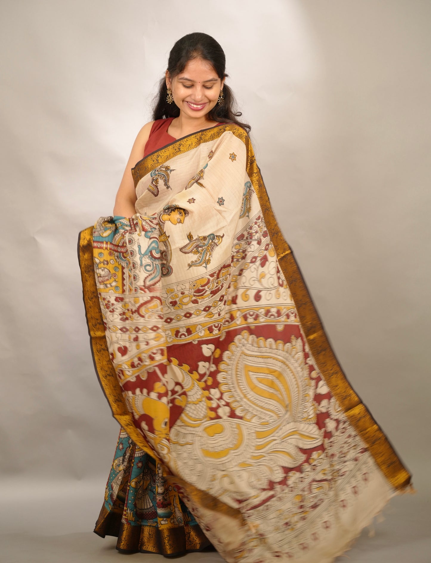 Cream Kanchi border Kalamkari chennur silk saree | Looms & Tassels
