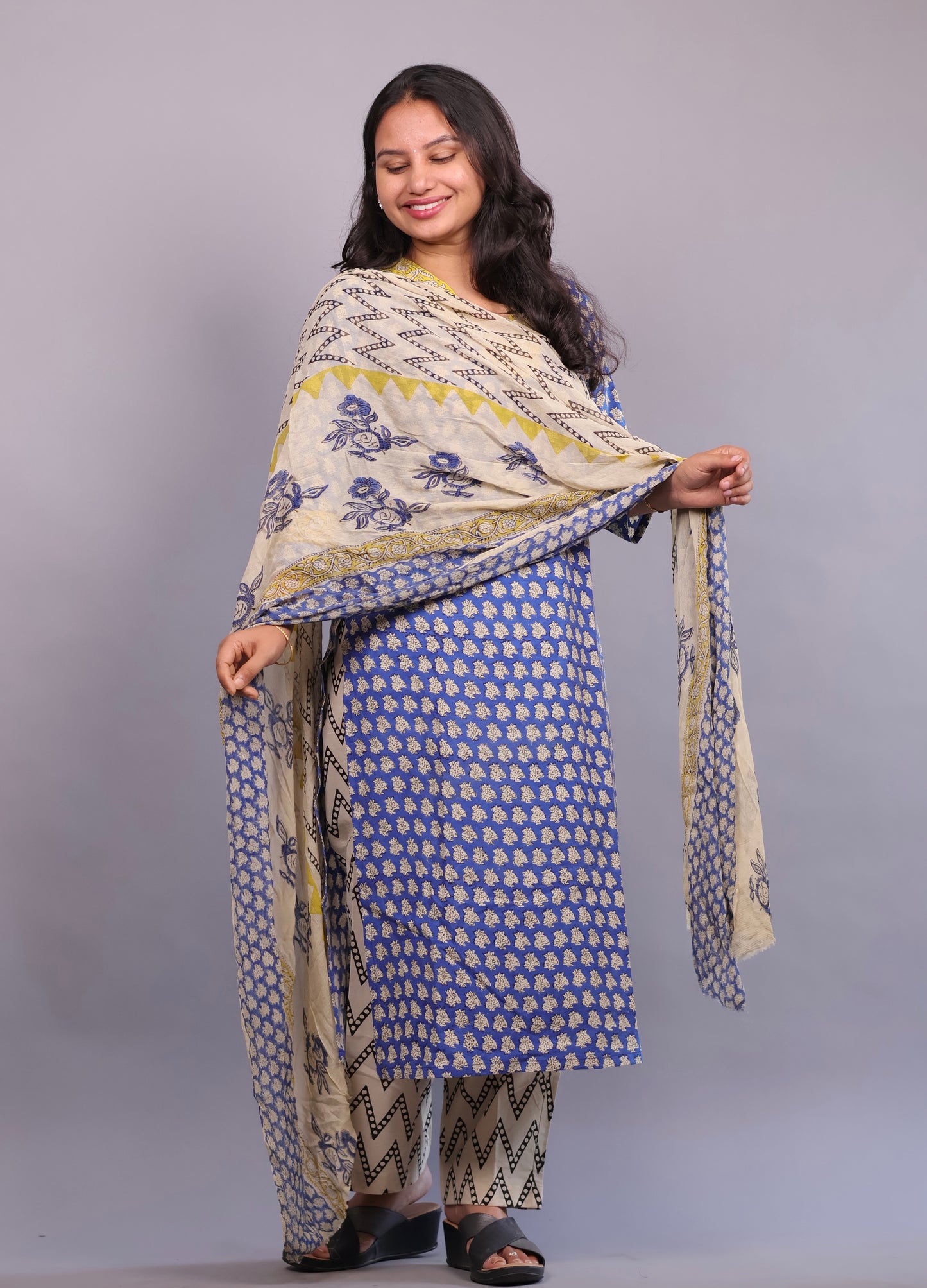 Blue Handblock printed Pure Mul Cotton with chiffon Duppatta 3 piece suit (stitched)