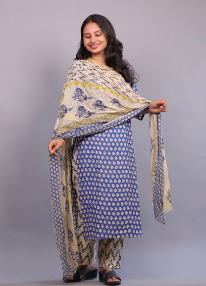 Blue Handblock printed Pure Mul Cotton with chiffon Duppatta 3 piece suit (stitched)