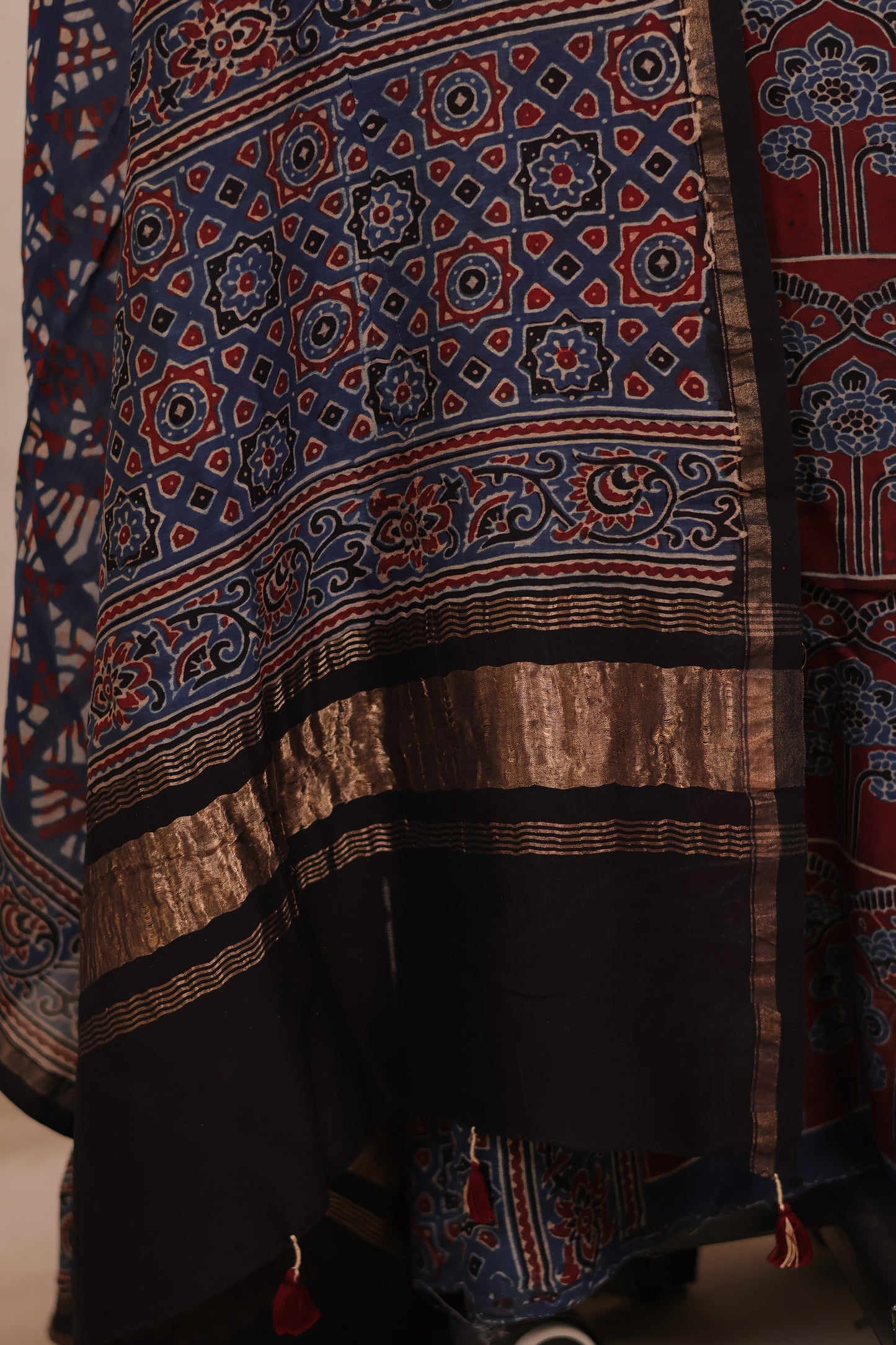 Chanderi Silk Cotton Ajrakh Handblock Printed 2 Piece Suit Set | Looms & Tassels